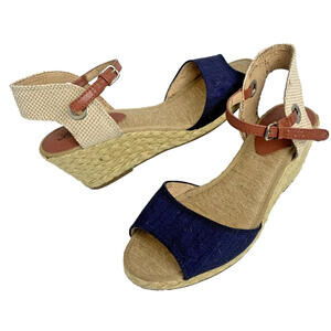 Lucky Brand Natural Tan Blue Mindra Espadrille Wedge Sandals Size 10M